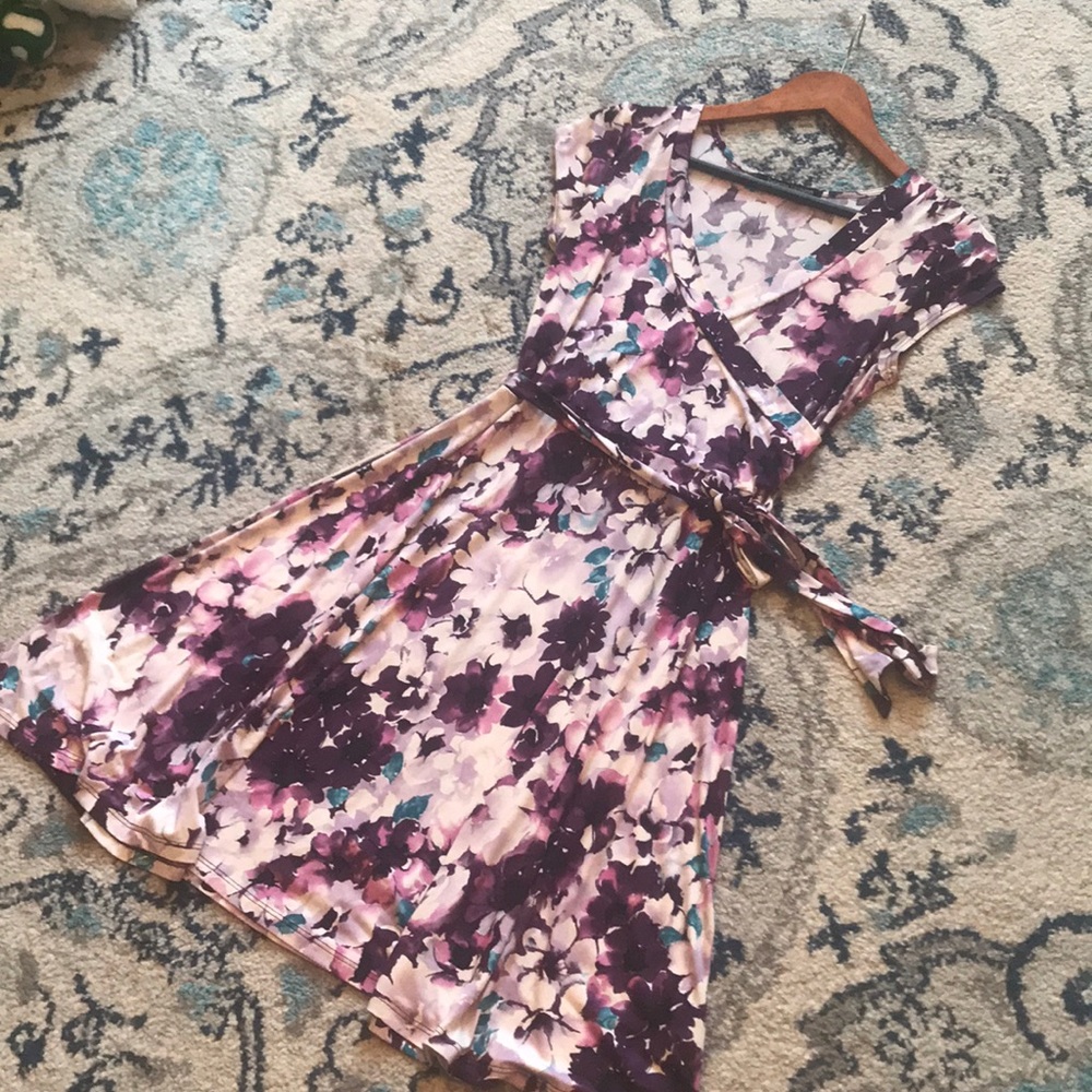 Cap Sleeved Purple Flower Printed Spring Dress